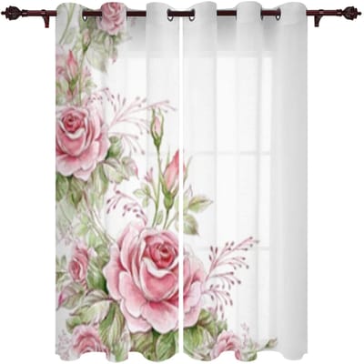 Roze Roos Romantische Raamgordijnen Keukengordijnen Paneel Huisdecoratie Gordijnen voor Woonkamer Gordijnen voor Slaapkamer 135W x 115H(cm)