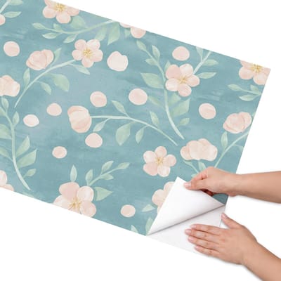 Coloray Meubel Wrap Folie - Turkoois Meubelfolie - 65x130 cm - Wrapfolie Keuken Bloemenmotief - Decoratiefolie - Waterverf Meubelfolie - Meubel Wrap Folie - Woonkamer decoratie - Bloemen en planten