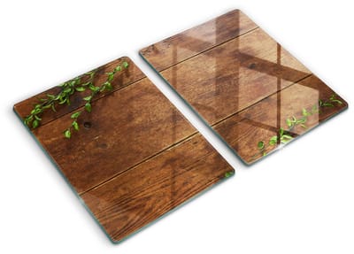 Wallfluent Spatscherm Keuken - Bruin Hittebestendig Glas Keuken - Set 2 Stuks 40x52 cm - Houten Planken En Bladeren Keuken Achterwand Bescherming - Bloemen en planten Rechthoekig Spatscherm Keuken
