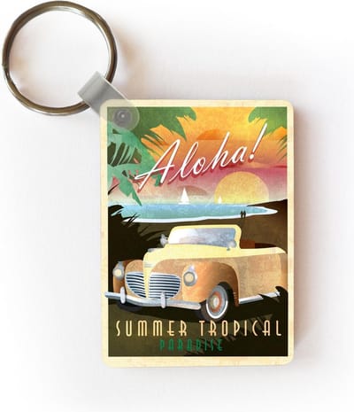 Sleutelhanger - Vintage illustratie auto aan het strand - Uitdeelcadeautjes - Plastic