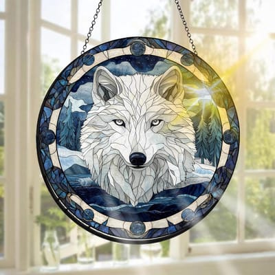 Handgemaakte Raamdecoratie van een Wolf van Glas - Perfect voor Tuin, Binnen en Buiten, Kerstversiering, 20 x 20 cm