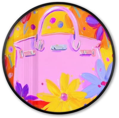 Poster in lijst Rond - Fotolijst 60x60 cm - Posters - Tas - Roze - Bloemen - Ronde posterlijst zwart - Decoratie - Wanddecoratie woonkamer - Muurdecoratie slaapkamer