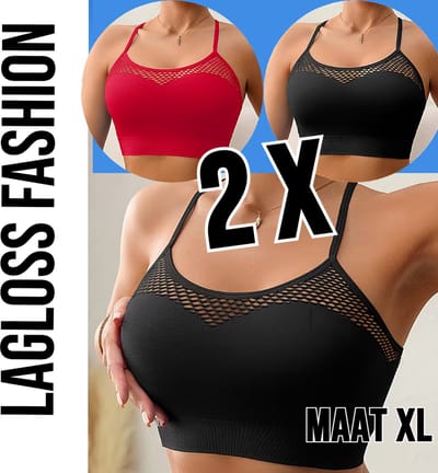 LaGloss® 2 Stuks Mesh Tanktops Zwart & Rood – Opengewerkt Festival Vakantie Top Dames Stretch – Ademend – Maat XL
