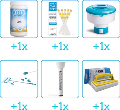 Zwembad Onderhoudspakket - Onderhoud Zwembad - bevat Chloor - Testrips - Chloordrijver - Schoonmaakset - Thermometer en Scrubborstel (6-delig)