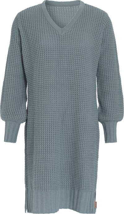 Knit Factory Robin Dames Jurk - Gebreide Trui Jurk - Wollen jurk - Herfst- & winterjurk - Wijde jurk - V-hals - Stone Green - 36/38 - Knielengte