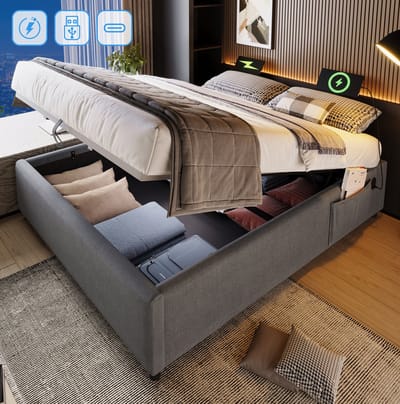 MIVRAY Tweepersoonsbed 160x200 cm - Opbergbed Met USB C En Volledige Lattenbodem - Zonder Matras - Zonder Hoofdbord - Stof - Grijs