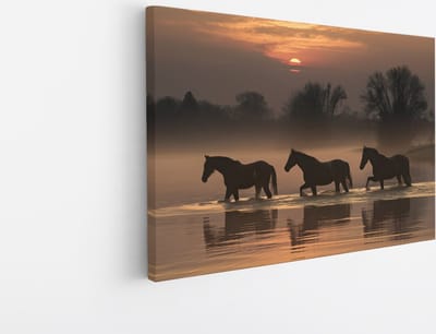 Saammp Canvas Schilderij - Paarden in het water met zonsondergang - Natuur - Dieren - 45x30 - Foto op canvas - Wanddecoratie - Muurdecoratie Woonkamer - Slaapkamer decoratie - Canvas Print