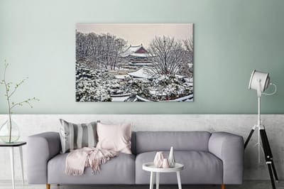 Canvas schilderij 180x120 cm - Wanddecoratie Changdeokgung in de winter geeft een mooi beeld - Muurdecoratie woonkamer - Slaapkamer decoratie - Kamer accessoires - Schilderijen