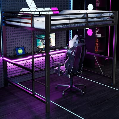 BLACKCOLORS Metalen gaming mezzanine bedframe 160 x 200 cm met LED-verlichting, USB-oplaadstation en bureau, zwart