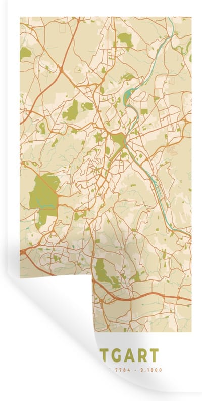 Muurstickers - Sticker Folie - Plattegrond - Stuttgart - Vintage - Kaart - Stadskaart - 40x80 cm - Plakfolie - Muurstickers Kinderkamer - Zelfklevend Behang - Zelfklevend behangpapier - Stickerfolie