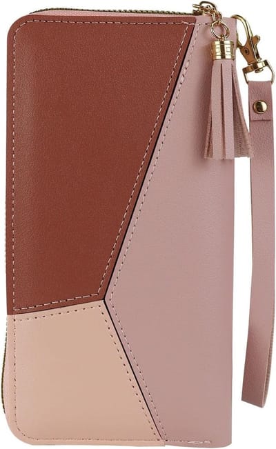 Grote damesportemonnee met franjes, rits en polsband, multifunctionele PU leren portemonnee met vakken voor kaarten en muntgeld, roze, modern design