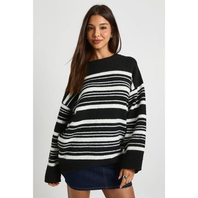 boohoo Dames Oversized zachte gebreide streeptrui | Zwart | Maat: Small