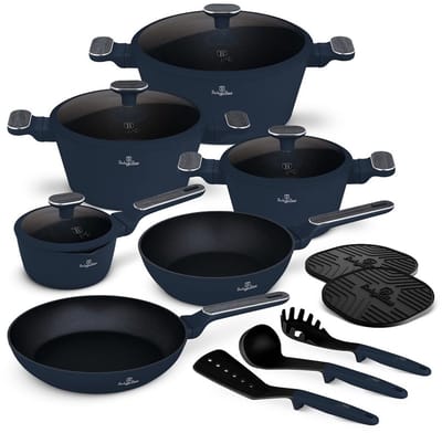 BerlingerHaus Pannenset Mat Blauw 11-Delig - Kookpan ø 20, 24, 28 cm, Koekenpan ø 24, 28 cm & Steelpan ø 16 cm - Geschikt voor alle warmtebronnen