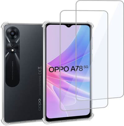 Geschikt voor Oppo A78 5G Hoesje + 2x Screenprotector – Gehard Glas Cover + Shock Proof Case – Transparant