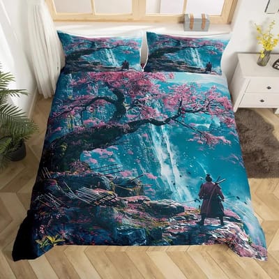 Japanse Samurai Beddengoed Set Queen King Size Kersengebladeren Rode Zon Hokusai Dekbedovertrek Fuji Berg Dekbed Dekbedovertrek AU Single(140*210cm)3pcs