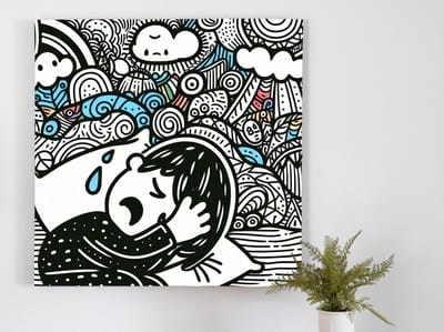 Doodle huilend kind schilderij | Tranen van creativiteit: De emotionele expressie van een kleine kunstenaar | Kunst - 60x60 centimeter op Dibond | Foto op Dibond