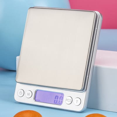 Digitale Precisie Weegschaal 0,1g–3kg – Batterijgevoed (2x AAA), RVS Bovenblad, Blauw Verlicht Display, voor Koffie, Bakken en Recepten