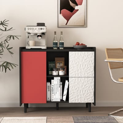 Dressoir - 2 Lades en 2 Open Vakken - Moderne Koffiebar met Opbergruimte - Hout - Zwart/Rood