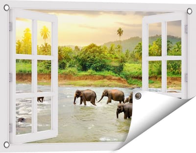 Gards Tuinposter Doorkijk Kudde Olifanten in het Water - 60x40 cm - Tuindoek - Tuindecoratie - Wanddecoratie buiten - Tuinschilderij