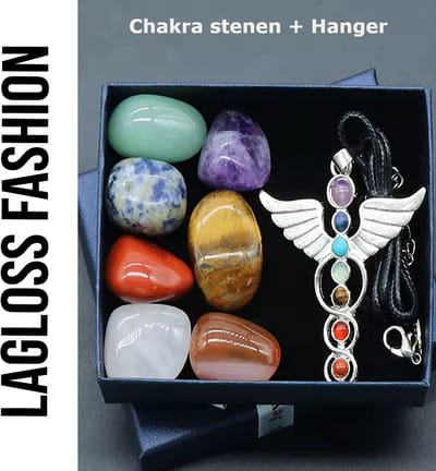 LaGloss® SET 7st Chakra Stenen en Ketting met Caduceus Hanger in Geschenkverpakking – Healing Relax - Spiritueel Sieraad