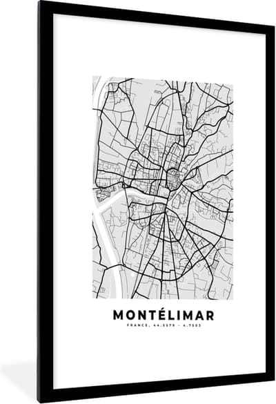 Fotolijst incl. Poster - Kaart – Stadskaart – Frankrijk - Montélimar - Plattegrond - 60x90 cm - Posterlijst