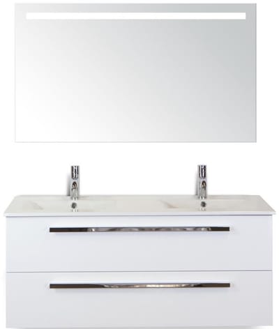 Seville Badmeubelset 120 cm - 2 Laden Wit Hoogglans - Wastafel Enjoy Dubbel met Sence Spiegel
