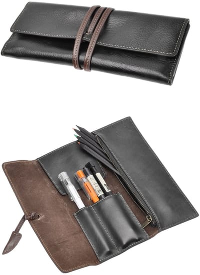 Dailygoods- Pennenetui Handgemaakt van Rundleer - Oprolbaar - Schrijfwaren - Pennenlussen - Vak met Ritssluiting - Voering van Varkensleer - Etui