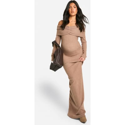 boohoo Dames Zwangerschapsjurk Soft Rib Off-Shoulder Column Maxi Dress | Camel | Maat: 36