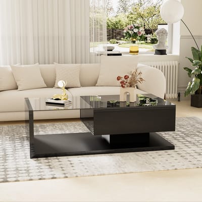 Wishdor Salontafel 105x55x32,5 cm van spaanplaat en gehard glas, hoogglans zwart met 16-kleurige LED