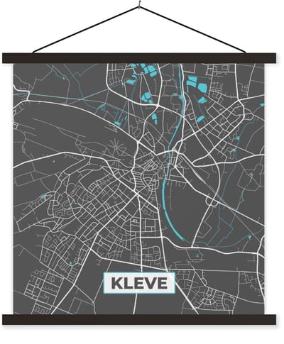 Posterhanger incl. Poster 60x60 cm - Schoolplaat - Plattegrond – Kleve – Blauw – Stadskaart – Kaart - Duitsland - Textielposter - Zwarte latten - Stadskaart