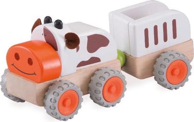 Wonderworld speelgoed tractor koe met aanhanger houten speelgoed.