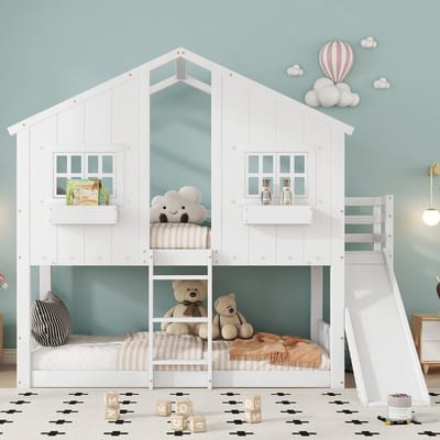 Stapelbed - 90x200 cm - Met Glijbaan - Dak en Venster - Grenenhout - Wit