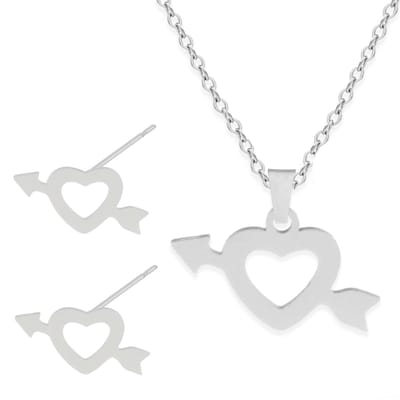 Cadeau Ketting & Oorbellen set met Hartje & Pijl - Roestvrij Staal - Zilverkleurig - Cadeau Sieraad op Kaartje - Pax Amare