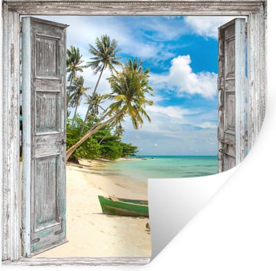 Muurstickers - Sticker Folie - Kano - Strand - Palmboom - Strand - Doorkijk - 100x100 cm - Plakfolie - Muurstickers Kinderkamer - Zelfklevend Behang XXL - Zelfklevend behangpapier - Stickerfolie