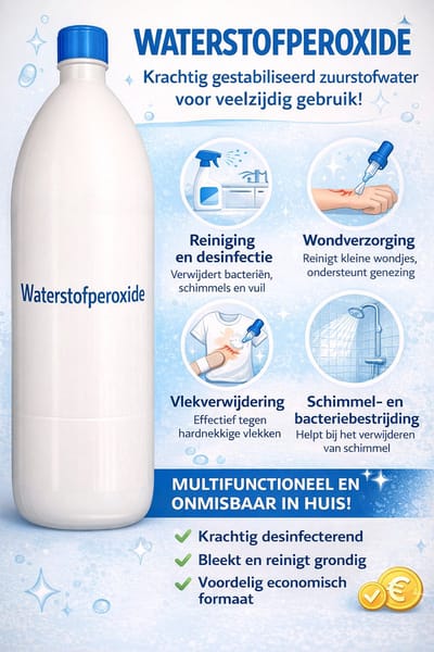 1 LITER WATERSTOFPEROXIDE (gestabiliseerd zuurstofwater)  Werkt desinfecterend, antibacterieel en ontkalker  Perfect voor wondverzorging, schoonmaken van oppervlakken, verwijderen van vlekken en desinfecteren van fruit  Veilig en duurzaam!
