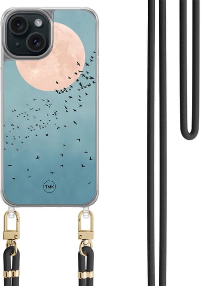 Casevibes - Telefoonhoesje met koord - Geschikt voor Apple iPhone 15 - Moon birds - Blauw - Vogel
