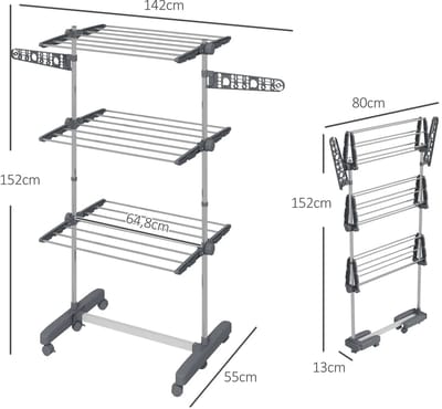 Pugsdrly Wasrek wasdroger. 4 niveaus, inklapbaar, one-click-systeem, 142 cm x 55 cm x 152 cm blauw + zilver