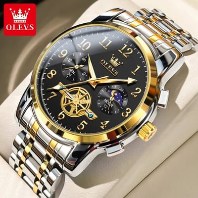 HO-2900.gz-zw : Olevs zilver/goudkl edelstaal heren horloge, zwarte wijzerplaat, cijfers, chronograaf, skeleton sekondenwerk