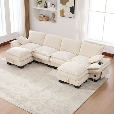 MODENUIT Hoekbank 330 x 132 cm - Modulair Met 2 Hockers, USB-C En Zijvakken - Voor Woonkamer Of Kantoor - Cord Beige