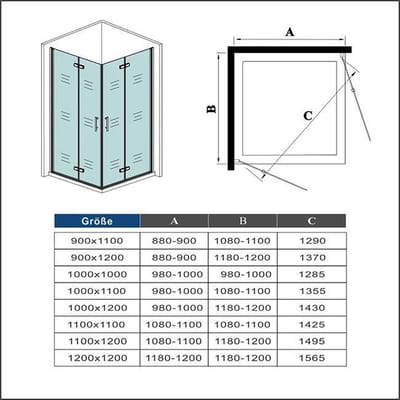 vierkante douchecabine 76x70x185cm,dubbele vouwdeur,hoek instap,6mm veiligheidsglas nano coating