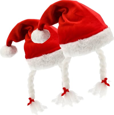Kerstmutsen 2 Stuks - Kerstkleding & Kerstcadeau - 42x30 cm - Omtrek 61 cm - Rode Kerstmuts met Staart & Vlechten - Velvet Kerstmuts