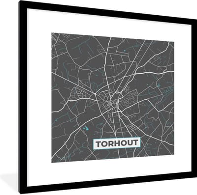 Fotolijst incl. Poster - Plattegrond – Torhout – Blauw – Stadskaart - Kaart - België - 40x40 cm - Posterlijst