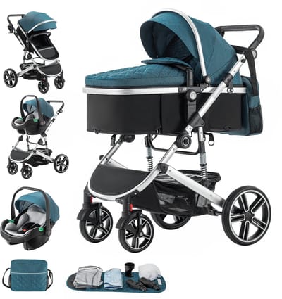 Mila Shop 3 in 1 Kinderwagen - Lichtgewicht - Draagbaar - Autostoel - Reiswieg - Wandelwagen - Verstelbaar handvat met klamboe - Aluminium frame - Zwart/Groen