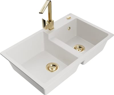 Mexen Tomas granieten spoelbak met 2 kamers met keukenkraan Rita, wit - 6516-20-670300-50