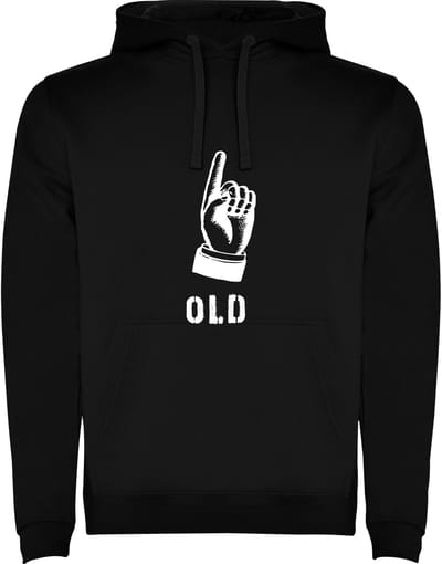 Zwarte Hoodie Wijvinger naar boven met tekst OLD - Zelfspot - Humor Maat M