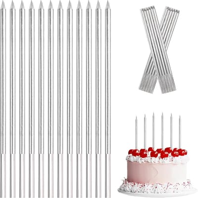 SnelShoppen - 12 Zilveren Long Candles voor Taartdecoratie | Elegante Cake Kaarsen voor Verjaardagen, Babyshowers, Pasen en Feestjes