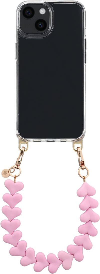 Selencia Transparant Hoesje met Haakjes inclusief Hartjes Polskoord - Geschikt voor Apple iPhone 14 - Cotton Candy