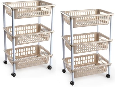 Plasticforte keukentrolley/badkamer trolley - 2x stuks - op wieltjes - 3-laags - lichtbruin - kunststof - 40 x 30 x 61,5 cm
