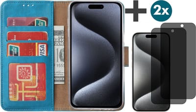 Hoesje met Privacy Screenprotectors 2 Stuks Geschikt voor iPhone 15 Pro Max – Arara bookcase met pasjeshouder - Blauw