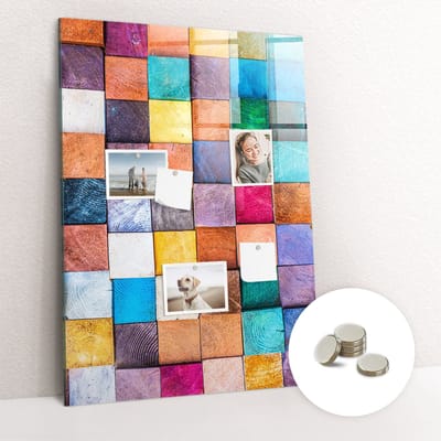 Tulup Glassboards - Kleurrijke houten kubussen Magneetbord - 70 cm x 100 cm - Veelkleurig Memo Magneetbord - Gratis 5 Sterke Magneten - Interieur Accessoires Kantoor - Magneetbord Foto - Memobord Glas - Ideeënbord Thuiswerkplek - Memobord Magnetisch